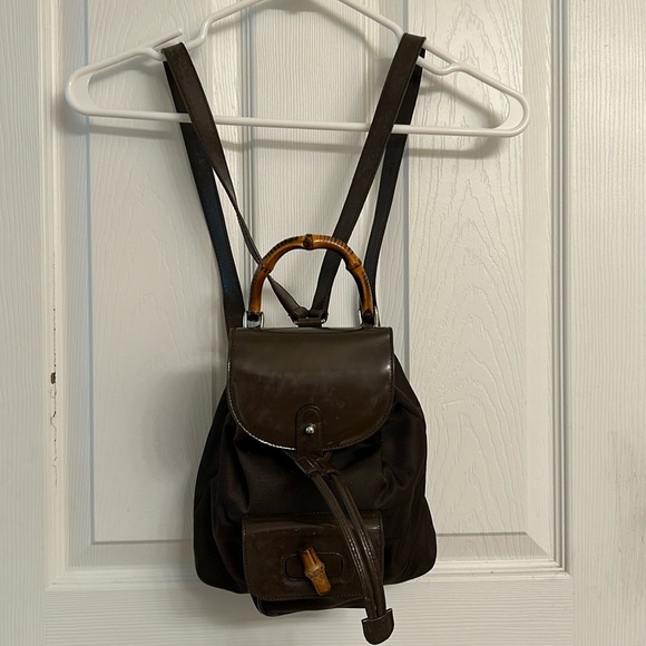 Vintage Gucci Brown Backpack Bamboo Handle Nylon Leather Adjustable Straps
